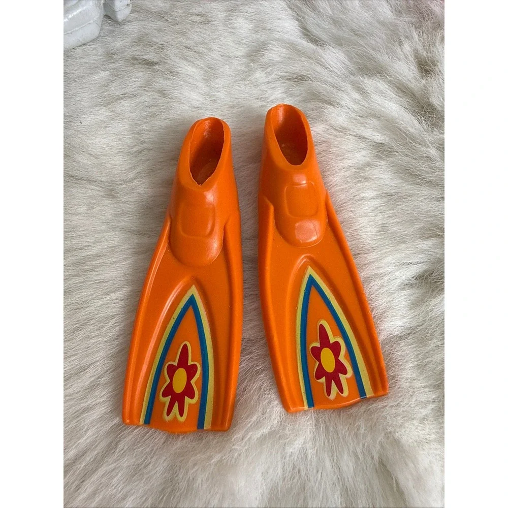 Vintage 90's Doll Beach Accessories Orange Floral Towel Swim Fins Flippers Set